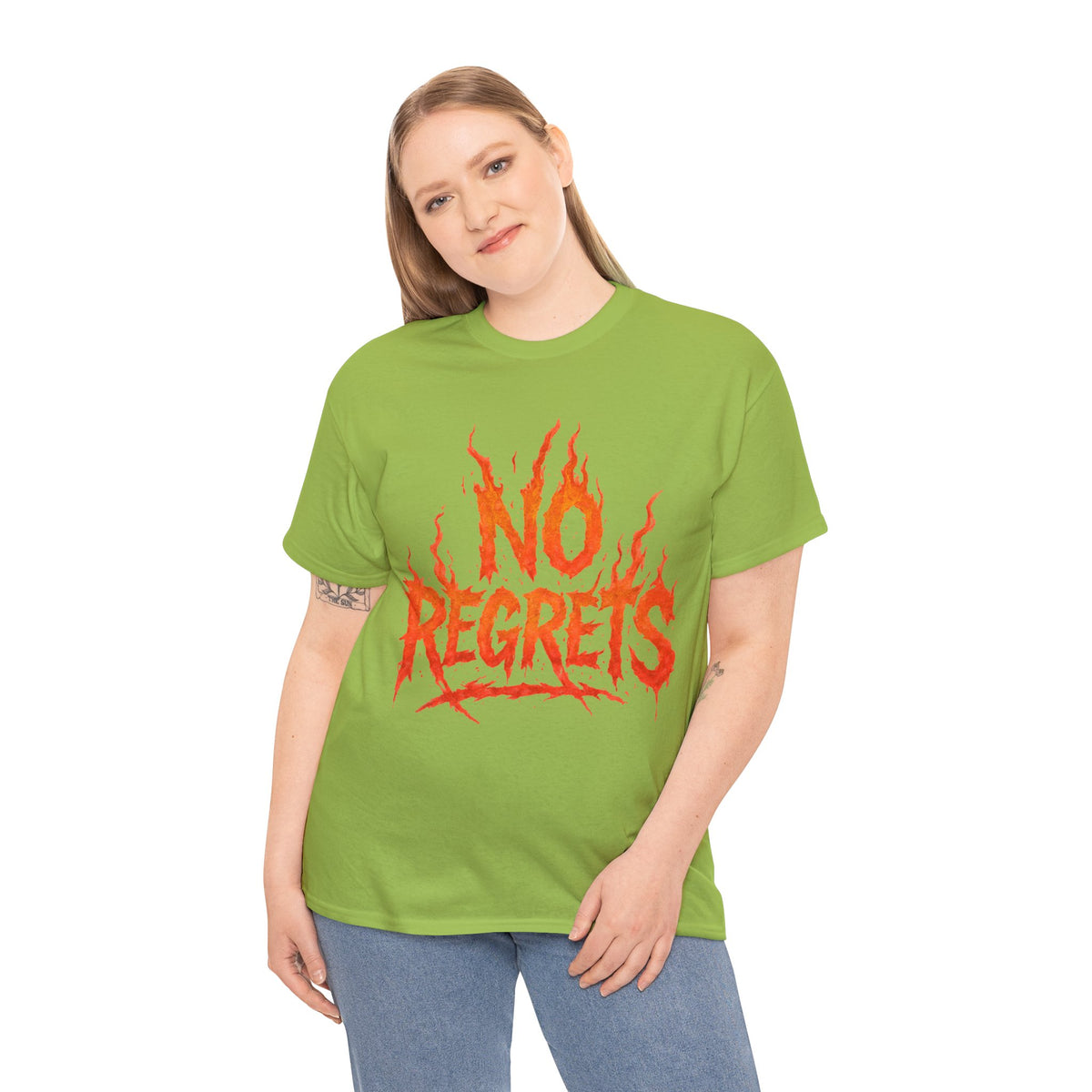 Graphic Tee — 'No Regrets' / 'Proof of Survival' Flame Text Shirt