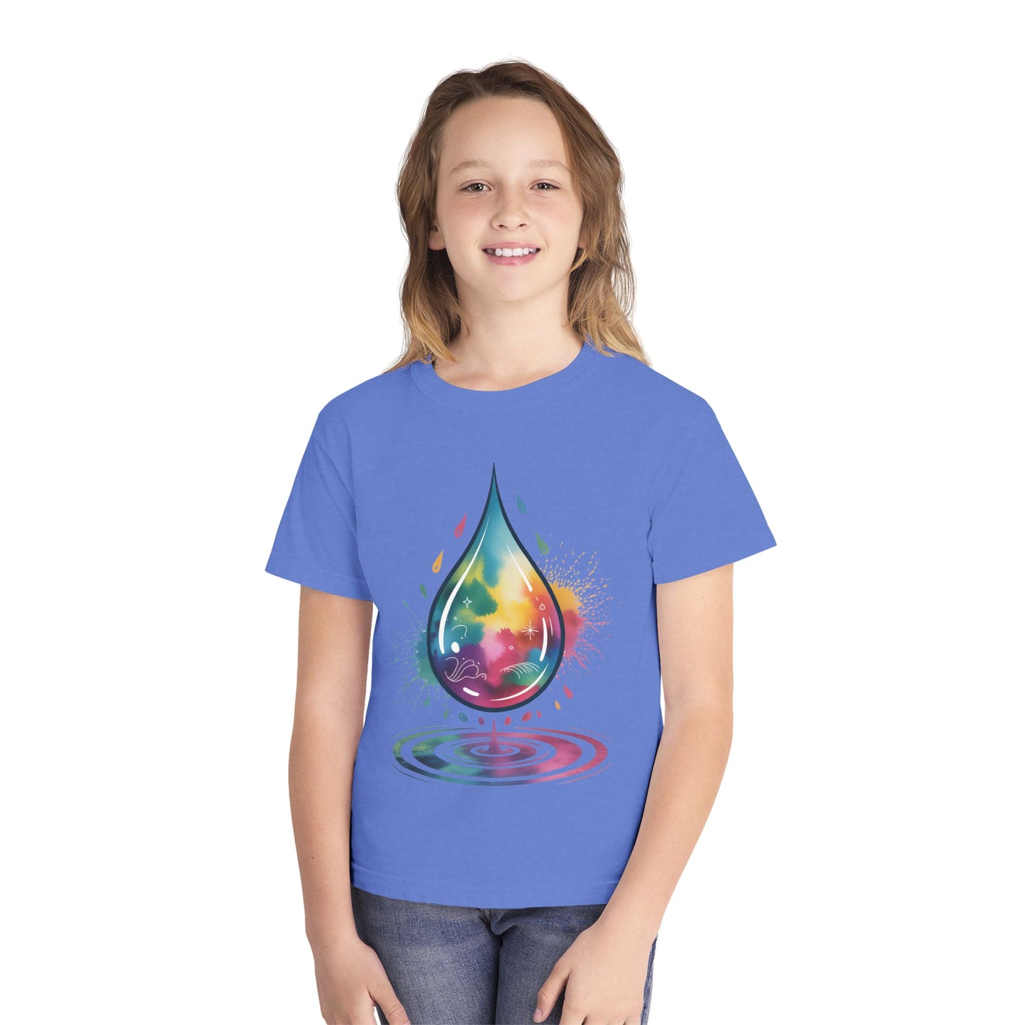 Colorful Nature Youth Tee - Artistic Water Droplet & Whimsical Deer Design