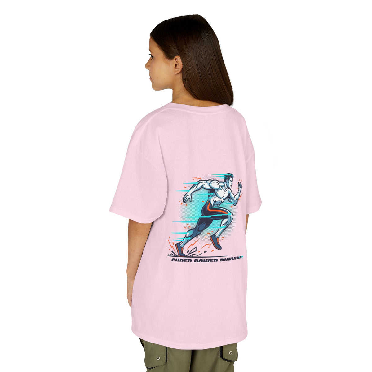 Kids Super Power T-Shirt — Lightning Bolt Badge & Running Superhero Graphic