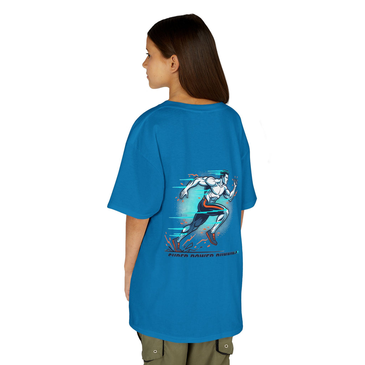Kids Super Power T-Shirt — Lightning Bolt Badge & Running Superhero Graphic