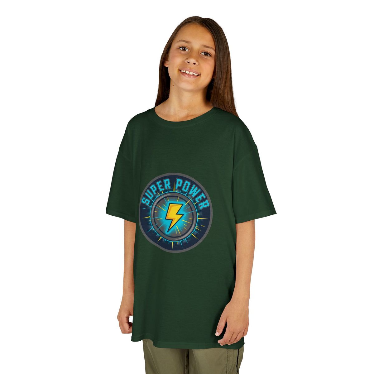 Kids Super Power T-Shirt — Lightning Bolt Badge & Running Superhero Graphic