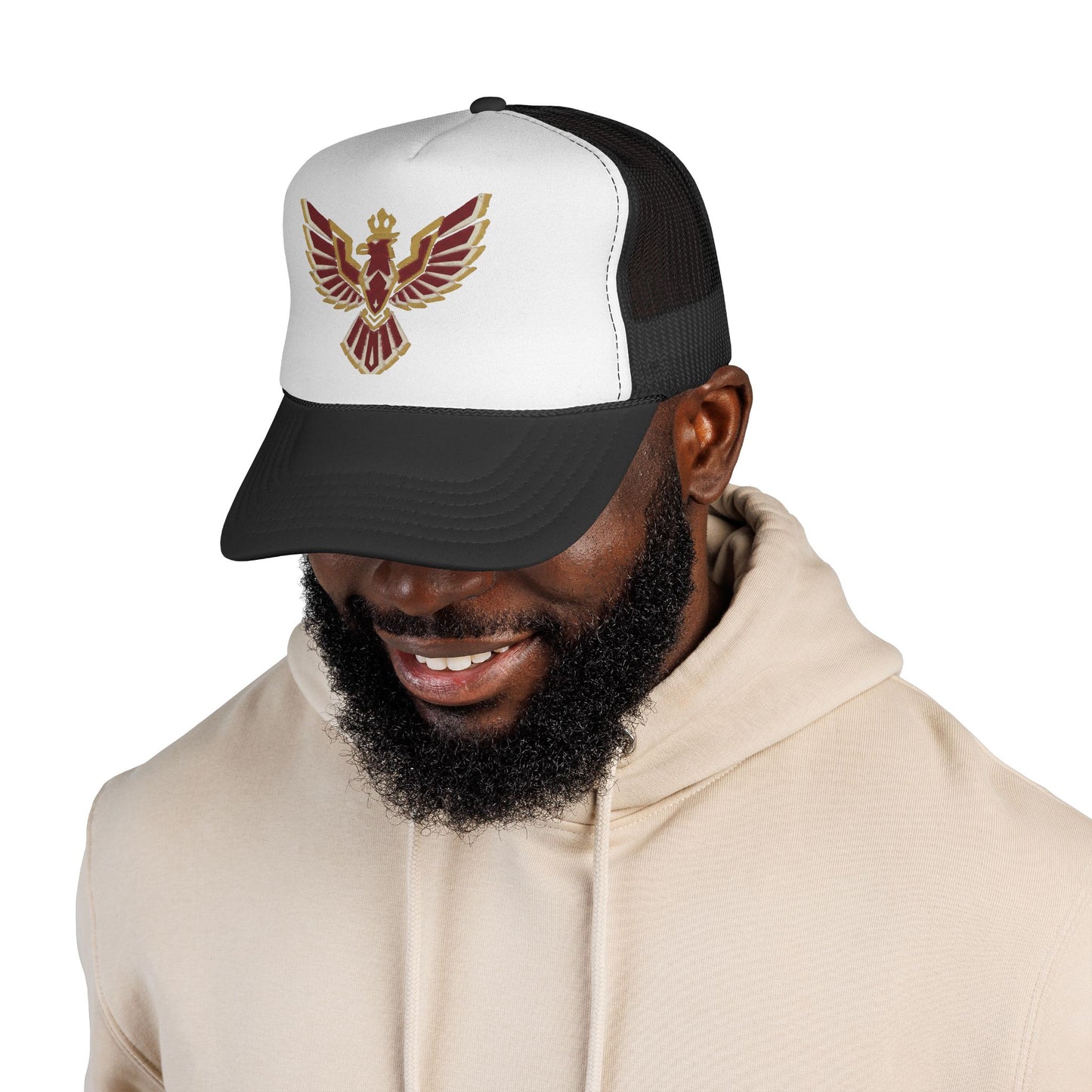Phoenix Emblem Trucker Cap — Retro Red & Gold Bird Patch Hat