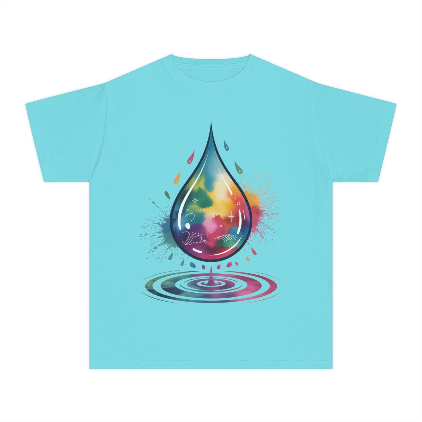 Colorful Nature Youth Tee - Artistic Water Droplet & Whimsical Deer Design
