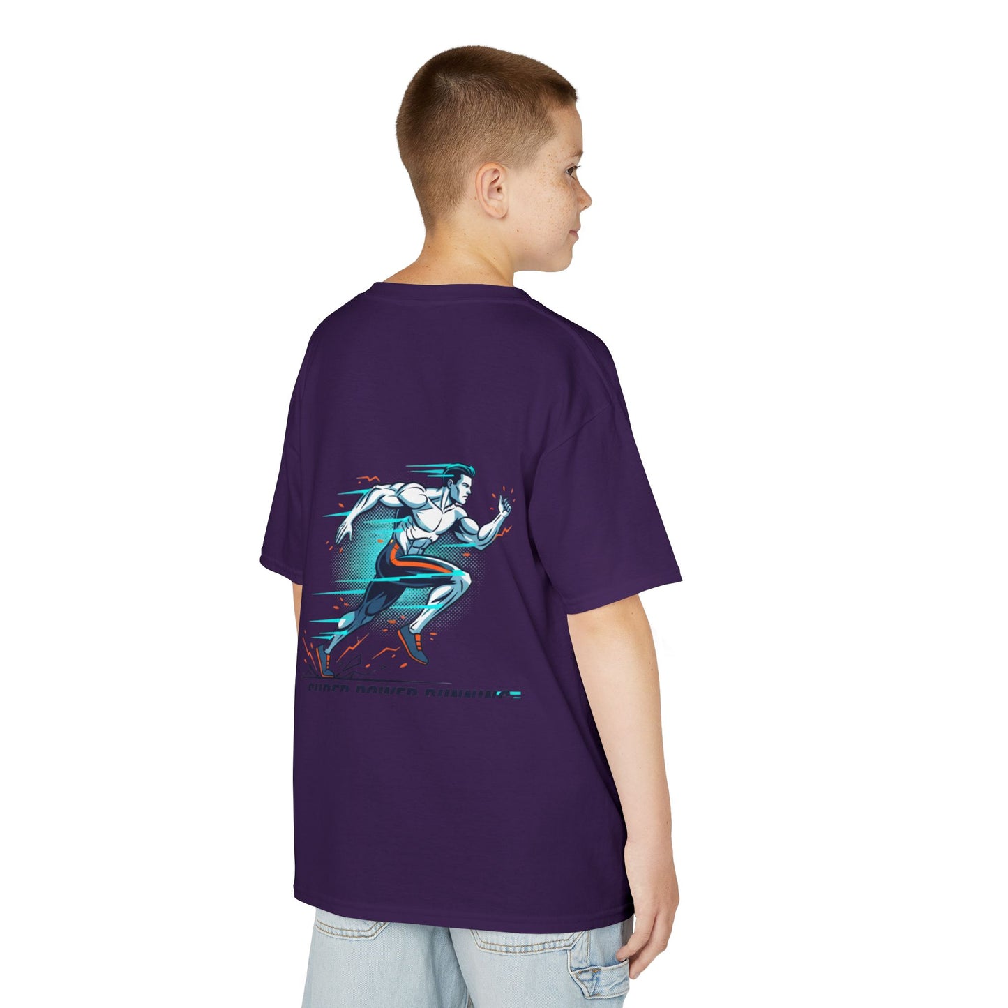 Kids Super Power T-Shirt — Lightning Bolt Badge & Running Superhero Graphic