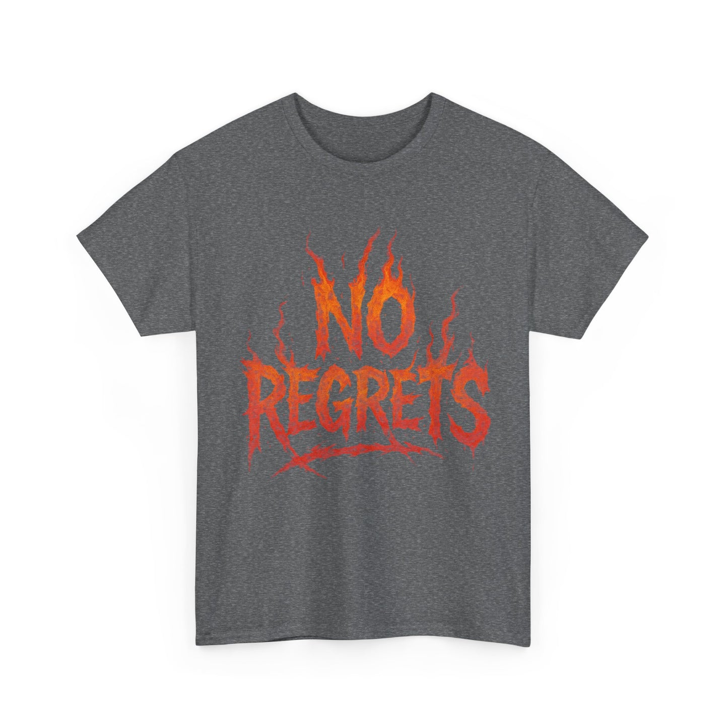 Graphic Tee — 'No Regrets' / 'Proof of Survival' Flame Text Shirt