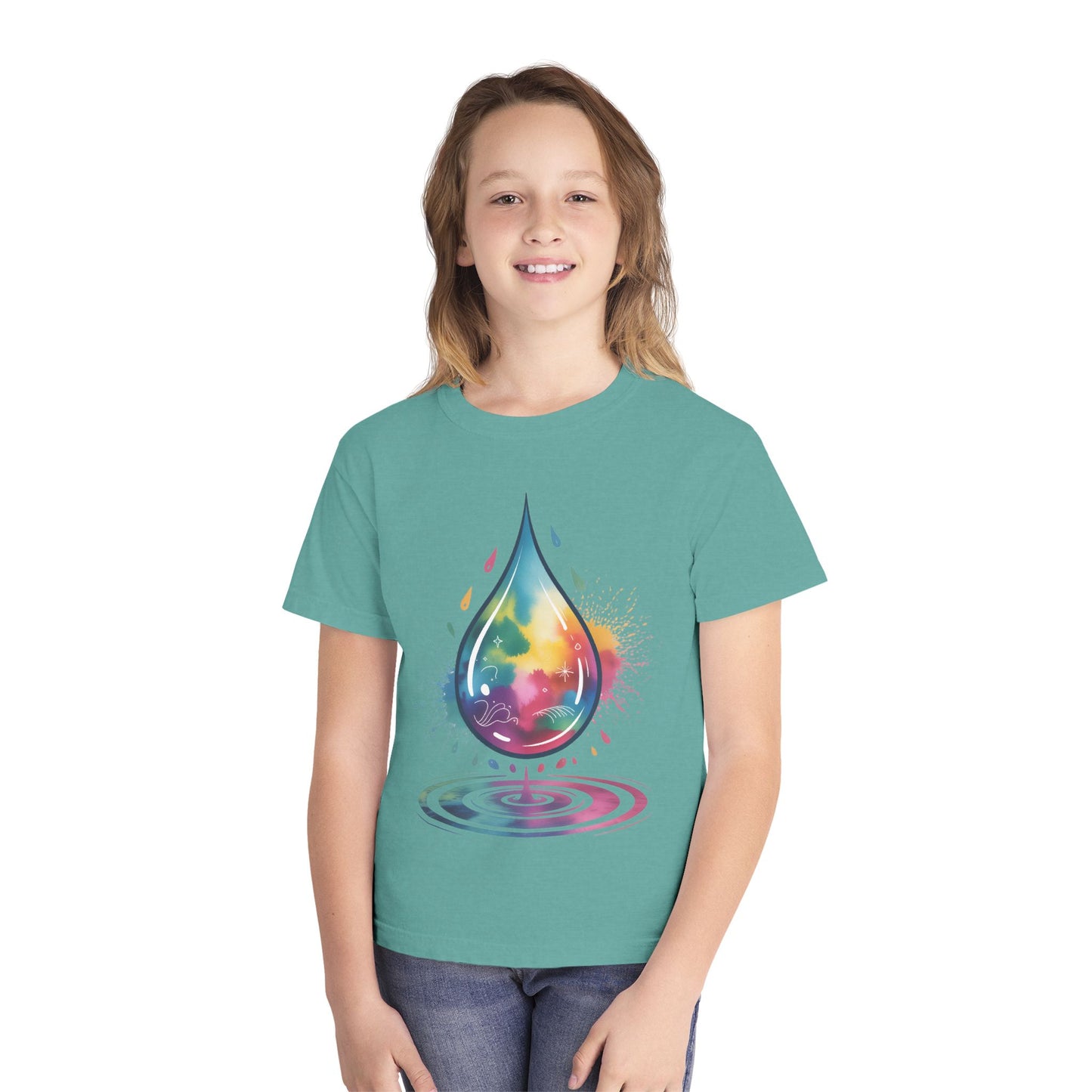 Colorful Nature Youth Tee - Artistic Water Droplet & Whimsical Deer Design