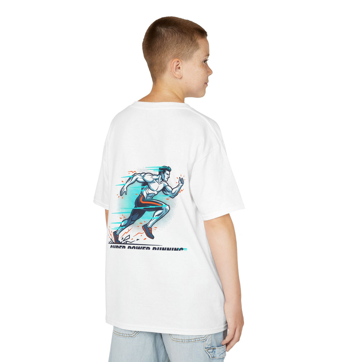 Kids Super Power T-Shirt — Lightning Bolt Badge & Running Superhero Graphic