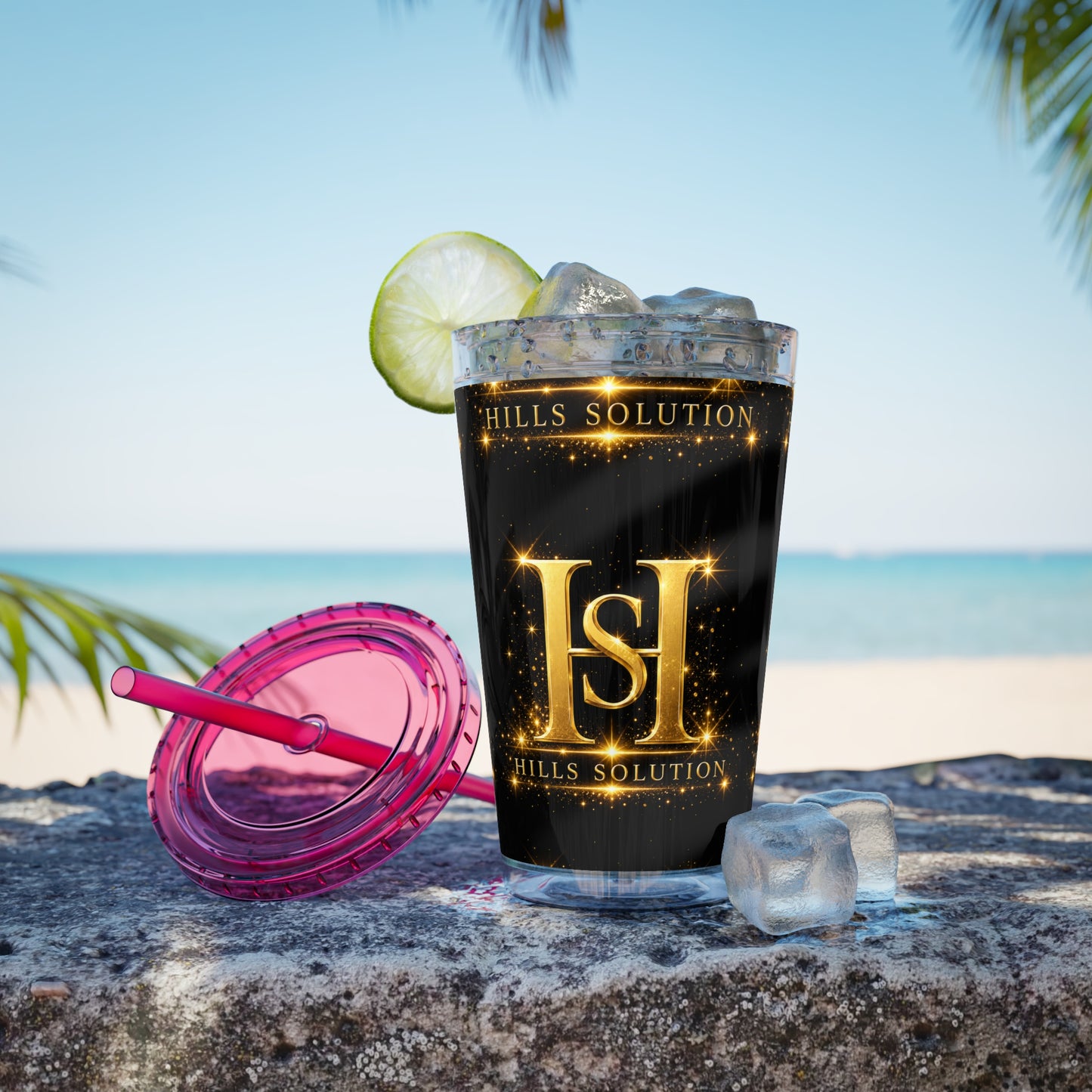 16oz Sunsplash Straw Tumbler — Gold 'HS' Logo Insulated Cup