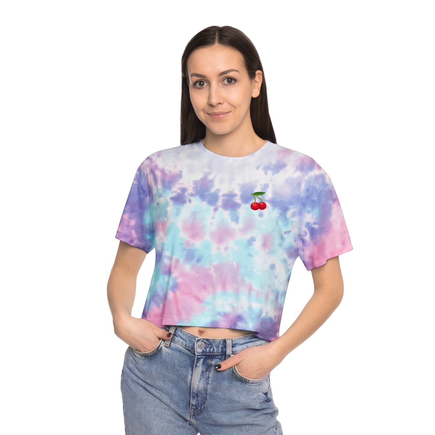 Women's Tie-Dye Crop Tee with Cherry Design - Summer Fashion, Beach Wear, Casual Outfit, Festival Attire, Gift Idea