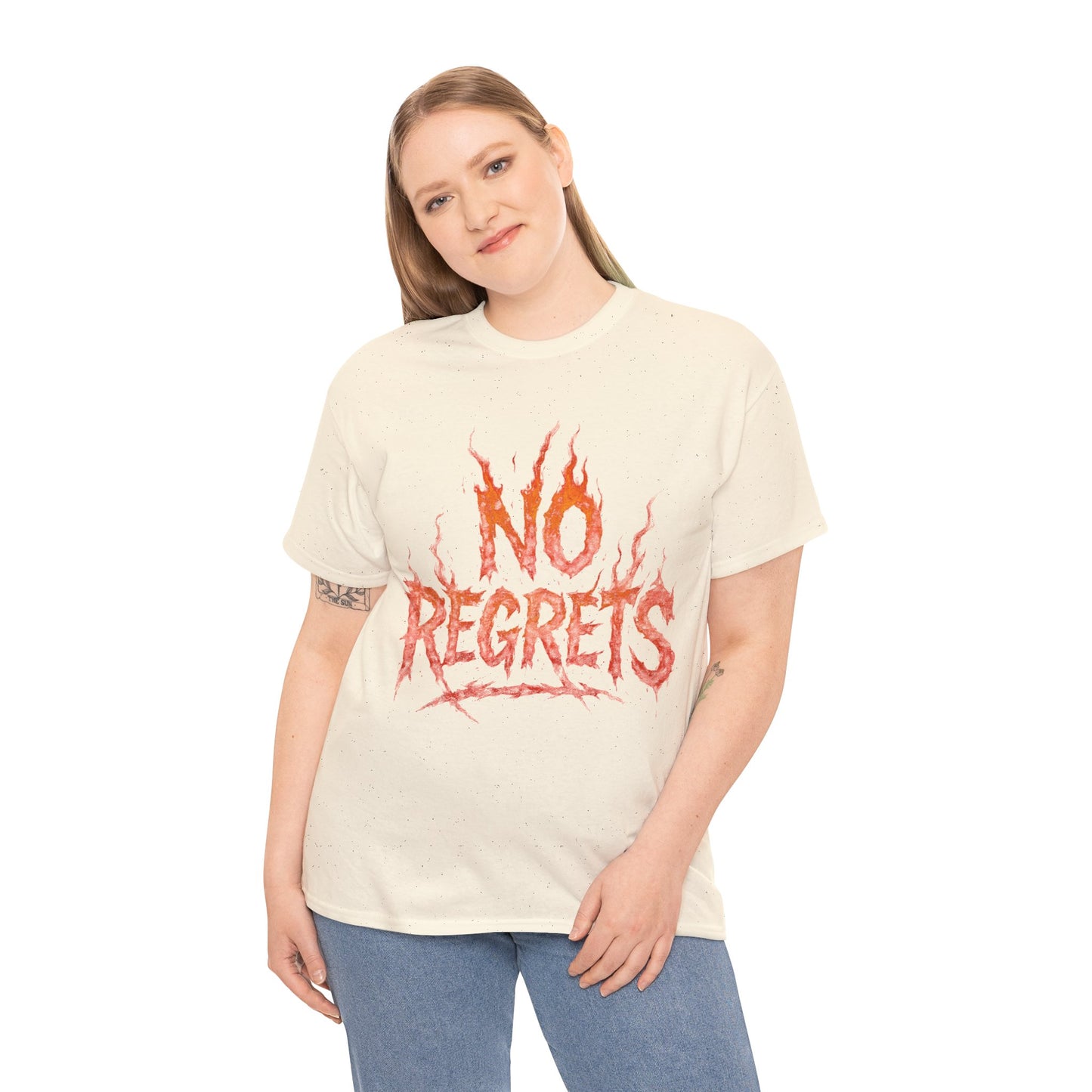 Graphic Tee — 'No Regrets' / 'Proof of Survival' Flame Text Shirt