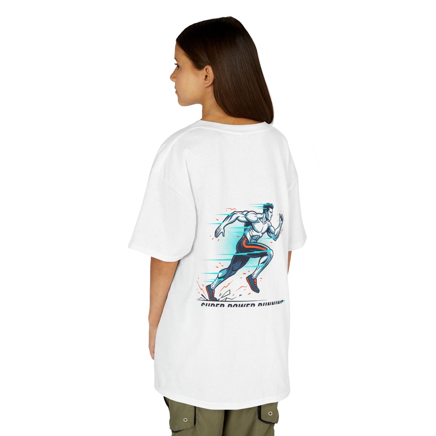 Kids Super Power T-Shirt — Lightning Bolt Badge & Running Superhero Graphic