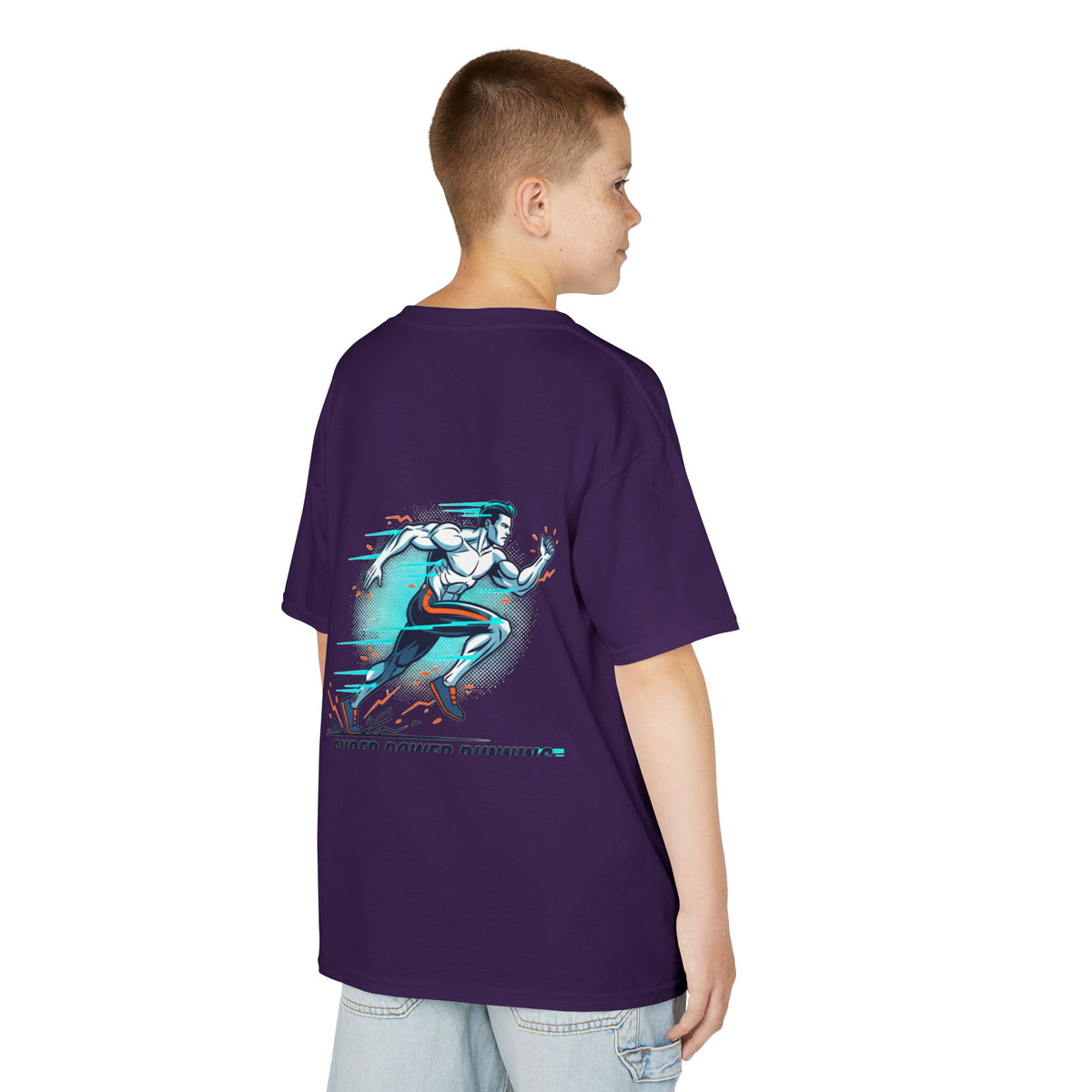 Kids Super Power T-Shirt — Lightning Bolt Badge & Running Superhero Graphic