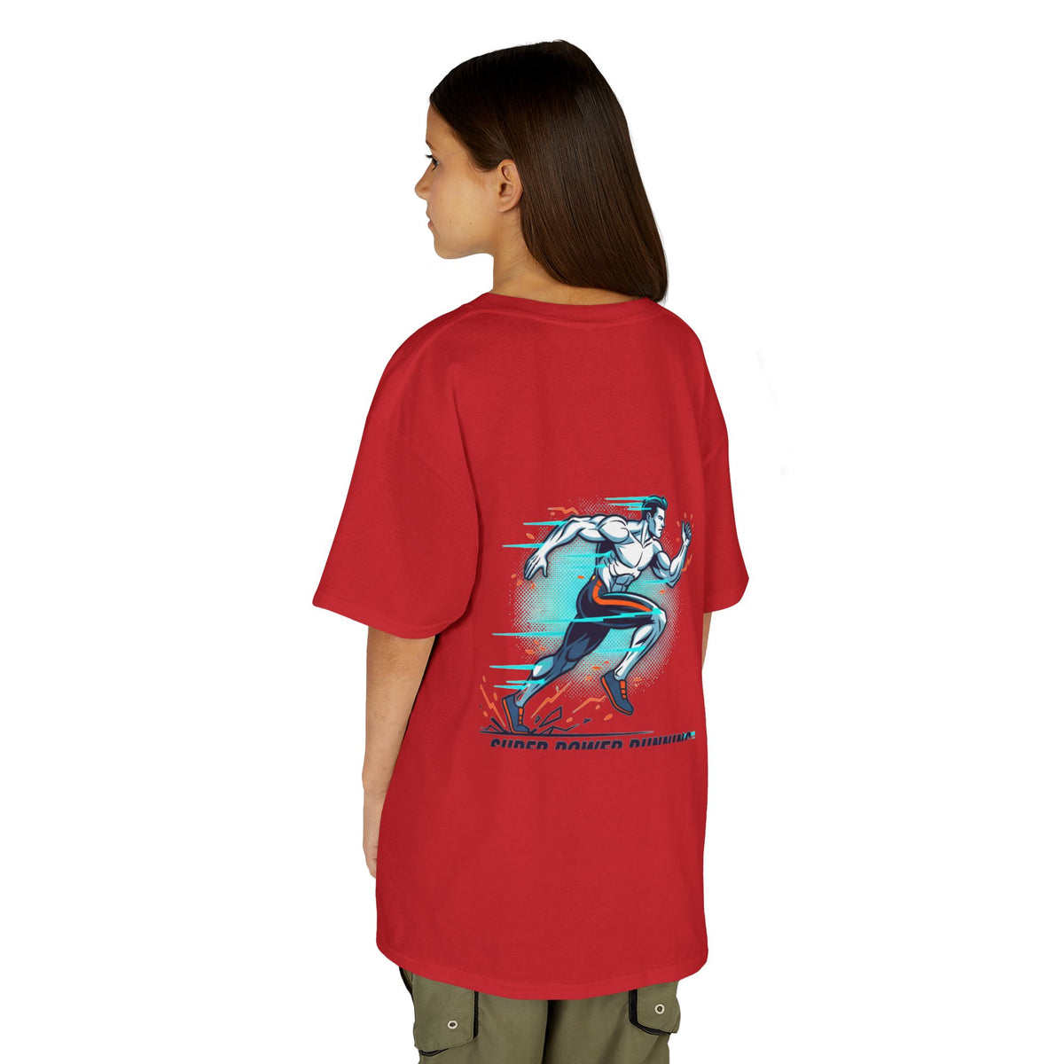 Kids Super Power T-Shirt — Lightning Bolt Badge & Running Superhero Graphic