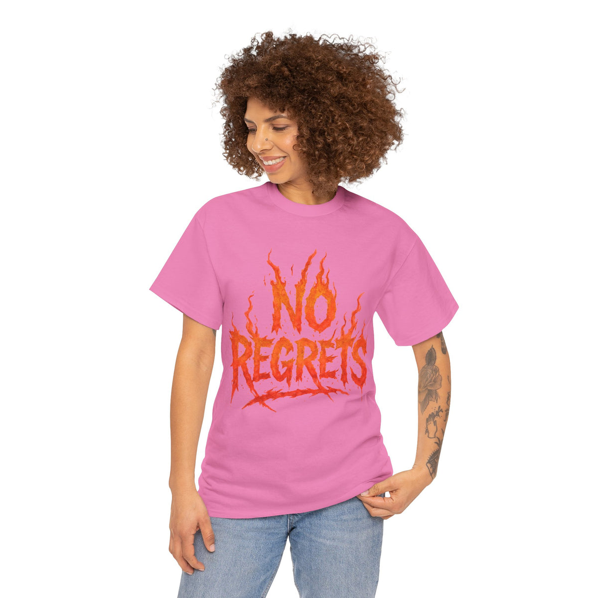 Graphic Tee — 'No Regrets' / 'Proof of Survival' Flame Text Shirt