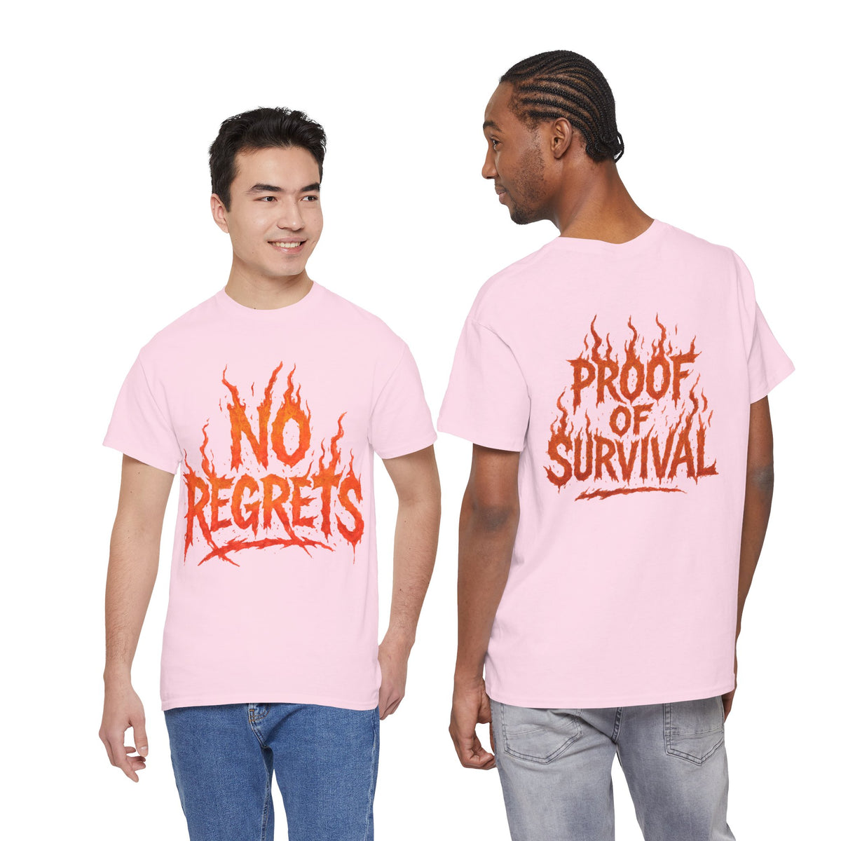 Graphic Tee — 'No Regrets' / 'Proof of Survival' Flame Text Shirt