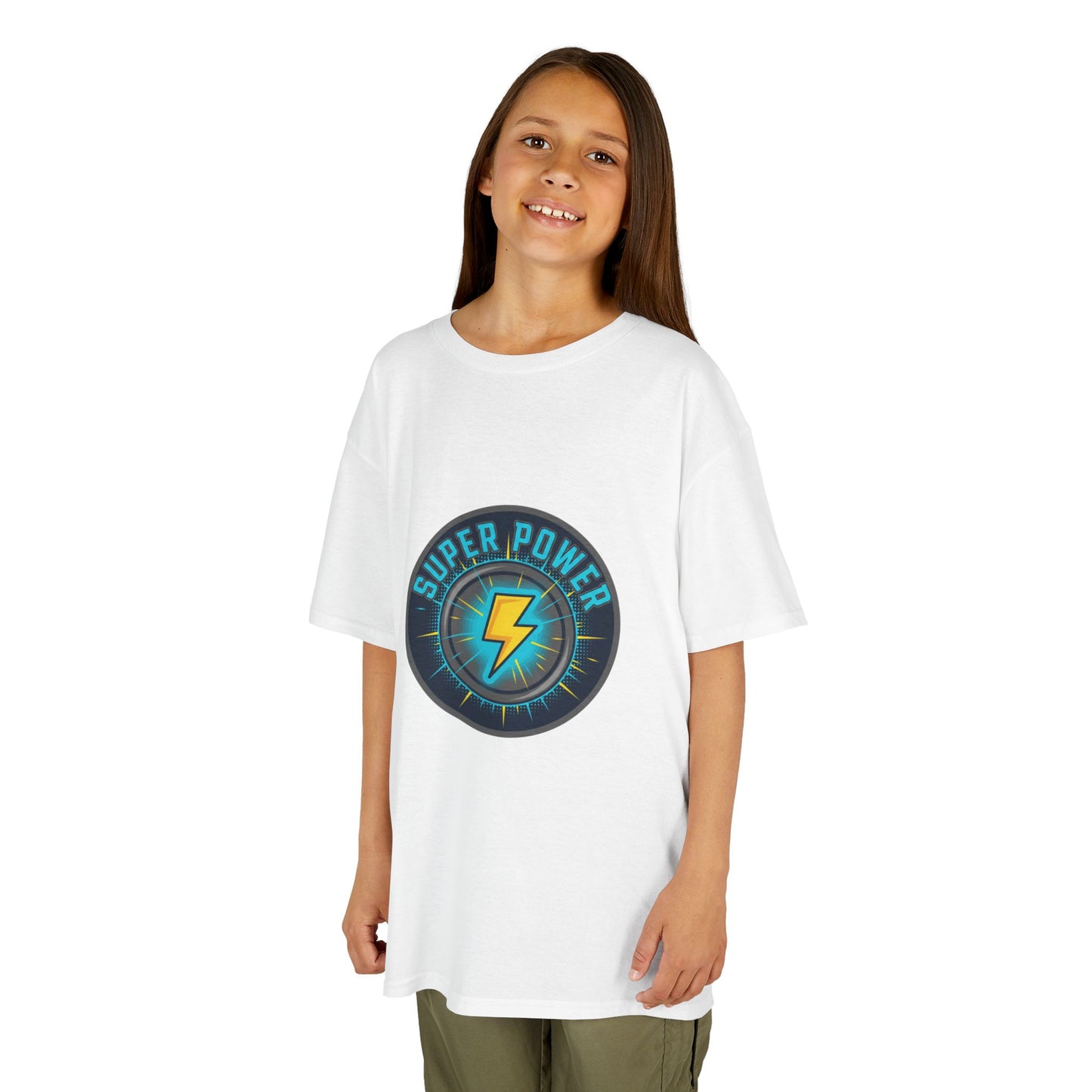 Kids Super Power T-Shirt — Lightning Bolt Badge & Running Superhero Graphic
