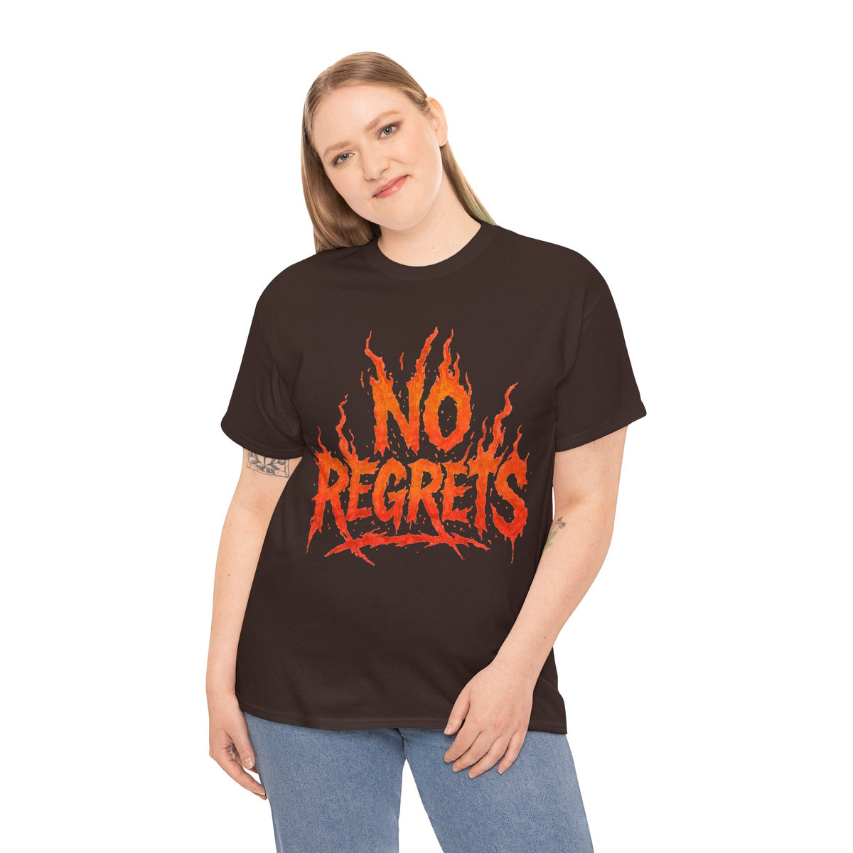 Graphic Tee — 'No Regrets' / 'Proof of Survival' Flame Text Shirt