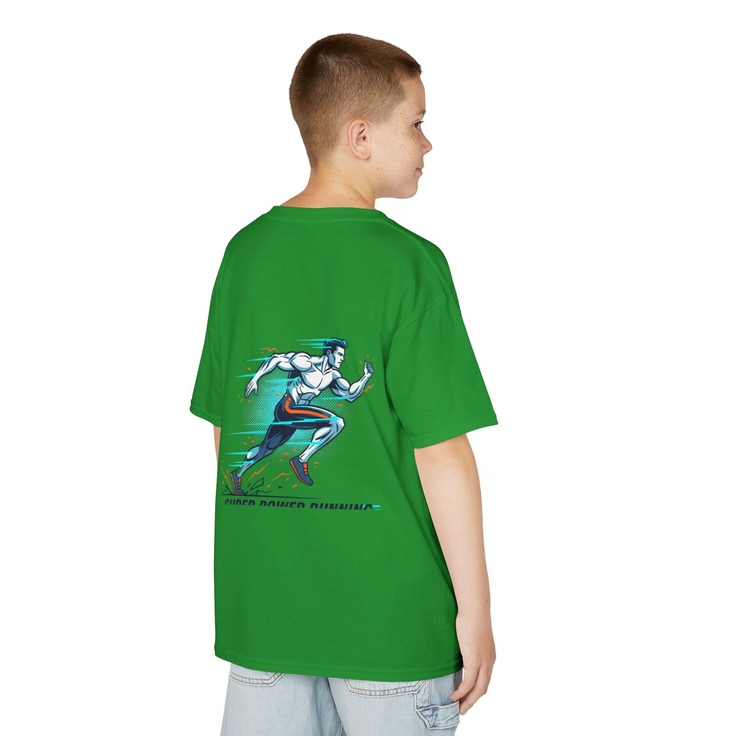 Kids Super Power T-Shirt — Lightning Bolt Badge & Running Superhero Graphic
