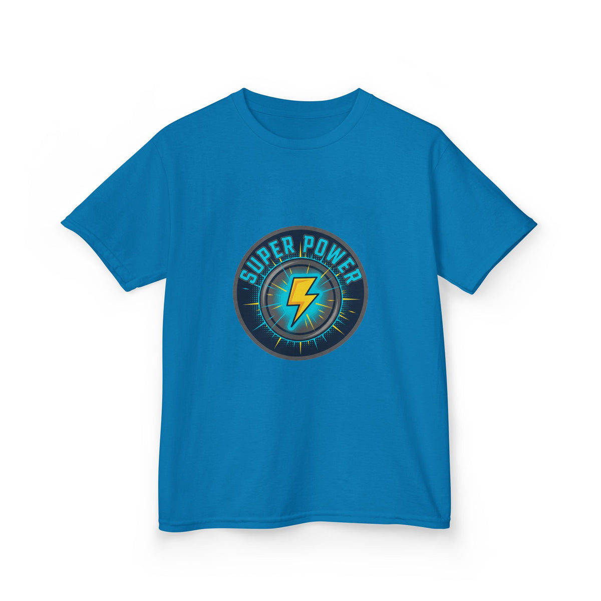Kids Super Power T-Shirt — Lightning Bolt Badge & Running Superhero Graphic