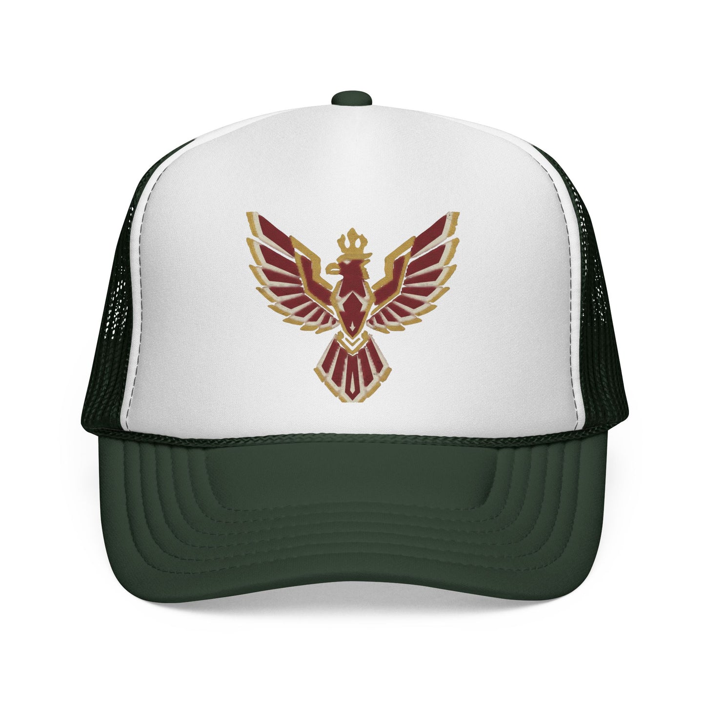 Phoenix Emblem Trucker Cap — Retro Red & Gold Bird Patch Hat