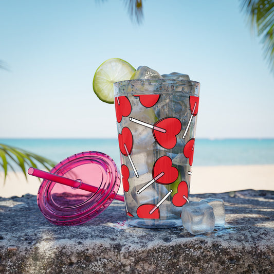 Heart Lollipop 16oz Tumbler with Straw — Valentine Candy Pattern Cold Cup