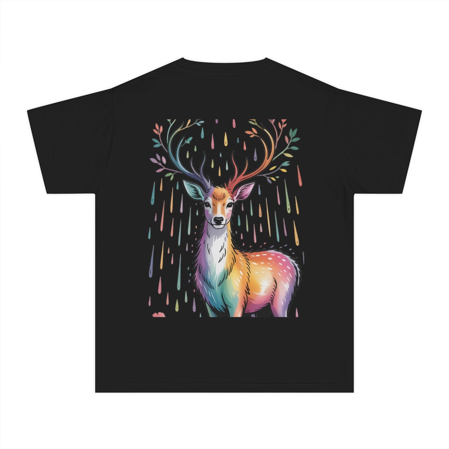 Colorful Nature Youth Tee - Artistic Water Droplet & Whimsical Deer Design
