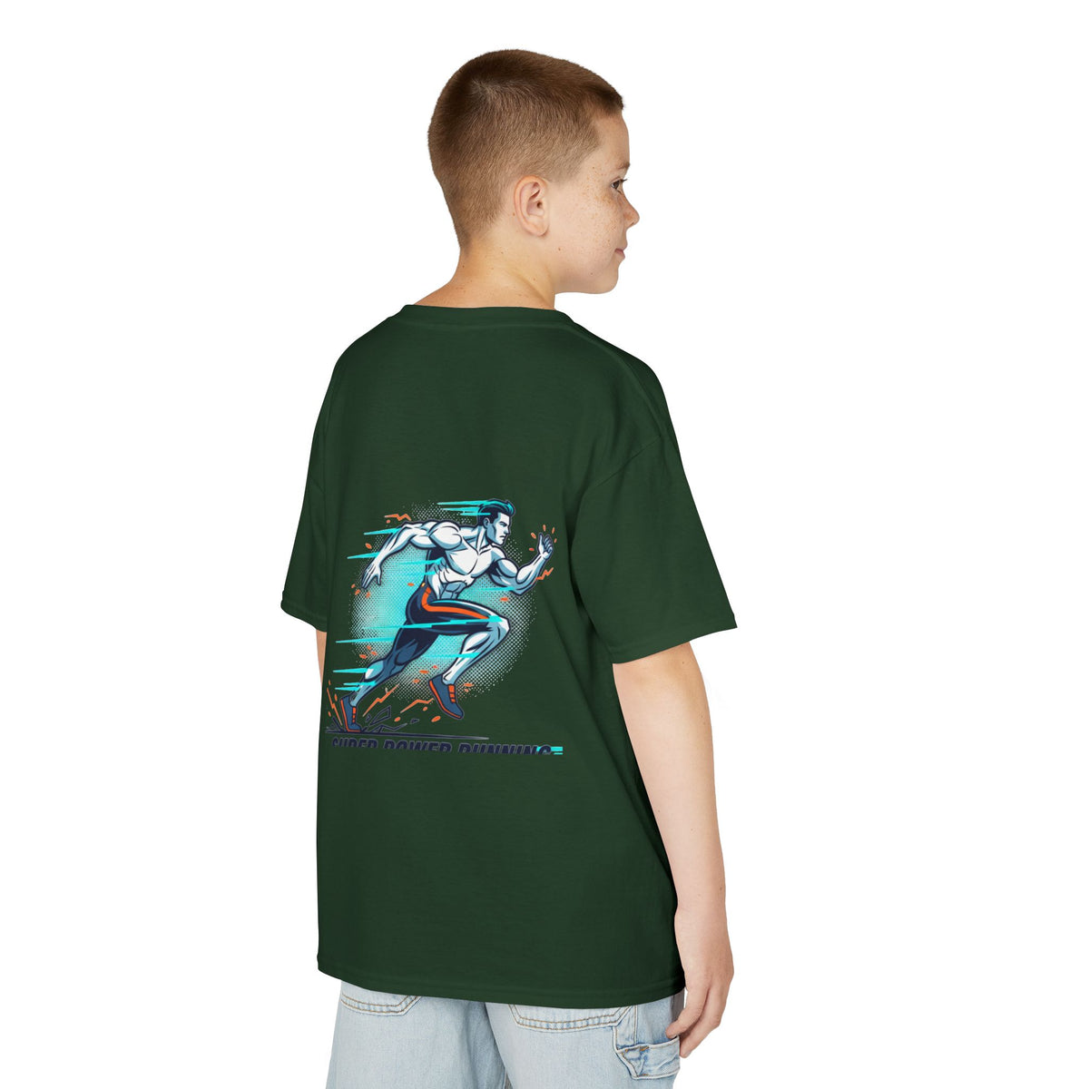 Kids Super Power T-Shirt — Lightning Bolt Badge & Running Superhero Graphic