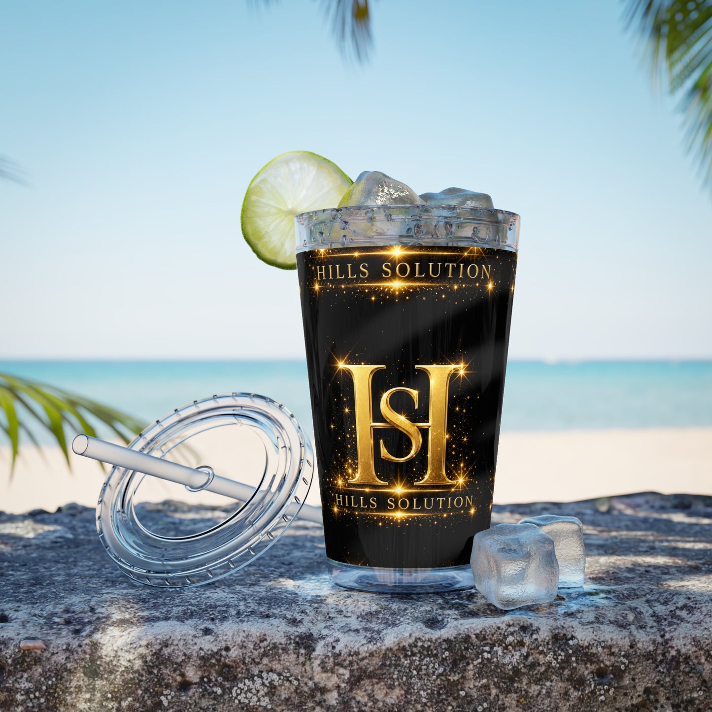 16oz Sunsplash Straw Tumbler — Gold 'HS' Logo Insulated Cup