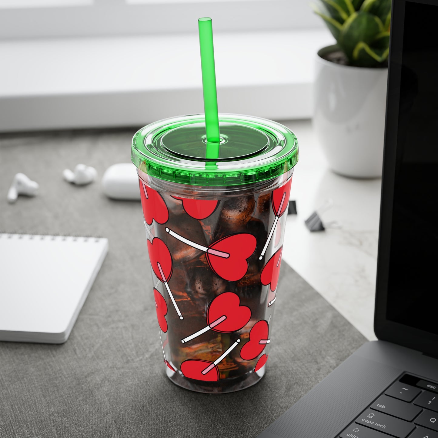 Heart Lollipop 16oz Tumbler with Straw — Valentine Candy Pattern Cold Cup