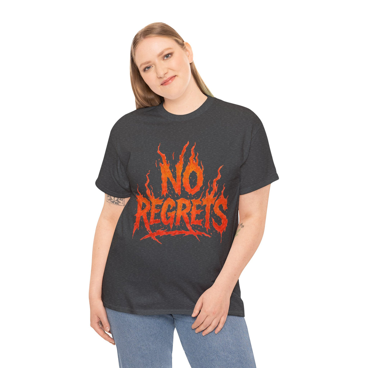 Graphic Tee — 'No Regrets' / 'Proof of Survival' Flame Text Shirt