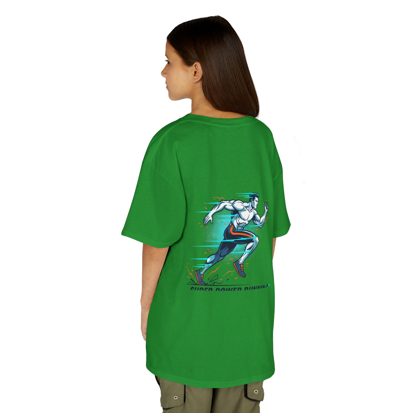 Kids Super Power T-Shirt — Lightning Bolt Badge & Running Superhero Graphic