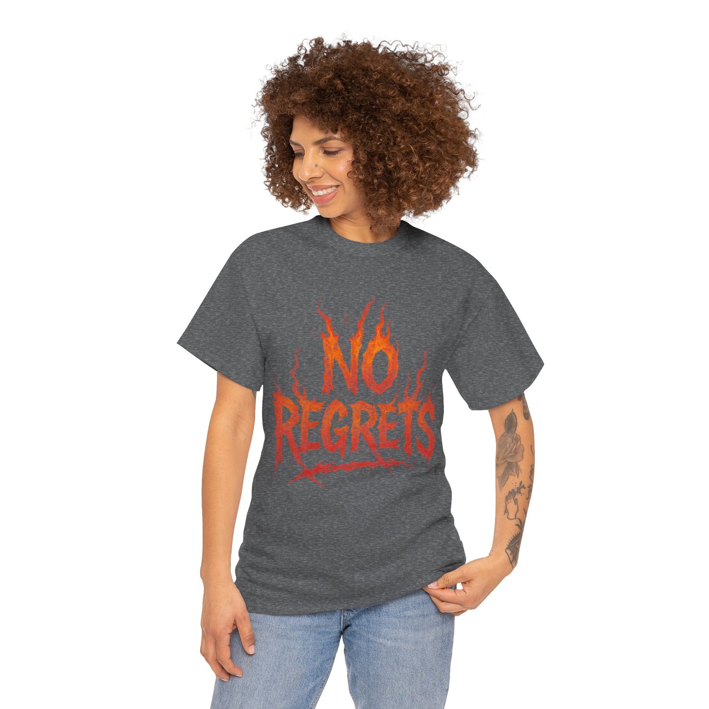 Graphic Tee — 'No Regrets' / 'Proof of Survival' Flame Text Shirt
