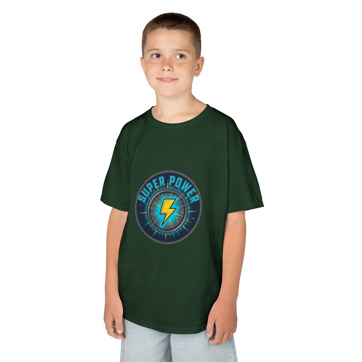 Kids Super Power T-Shirt — Lightning Bolt Badge & Running Superhero Graphic
