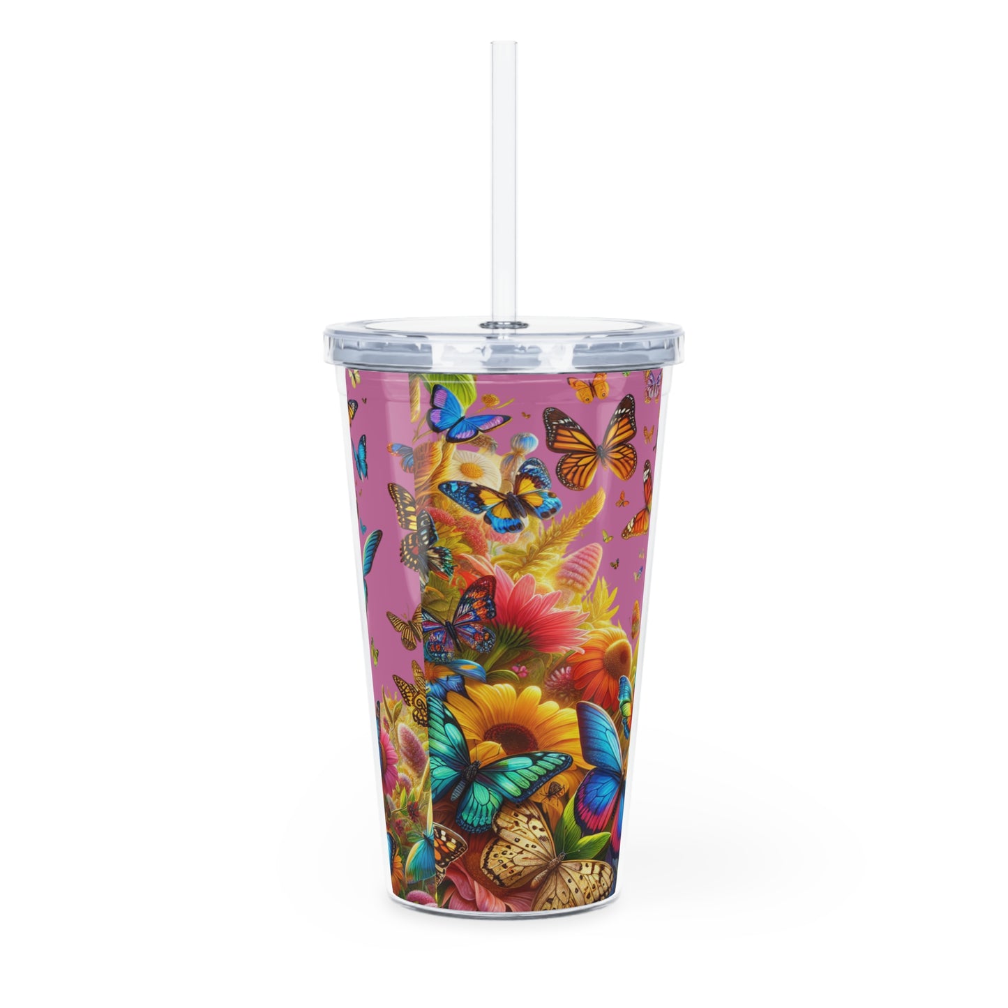 Butterfly Garden Plastic Tumbler with Straw — Colorful Fluttering Butterflies Design
