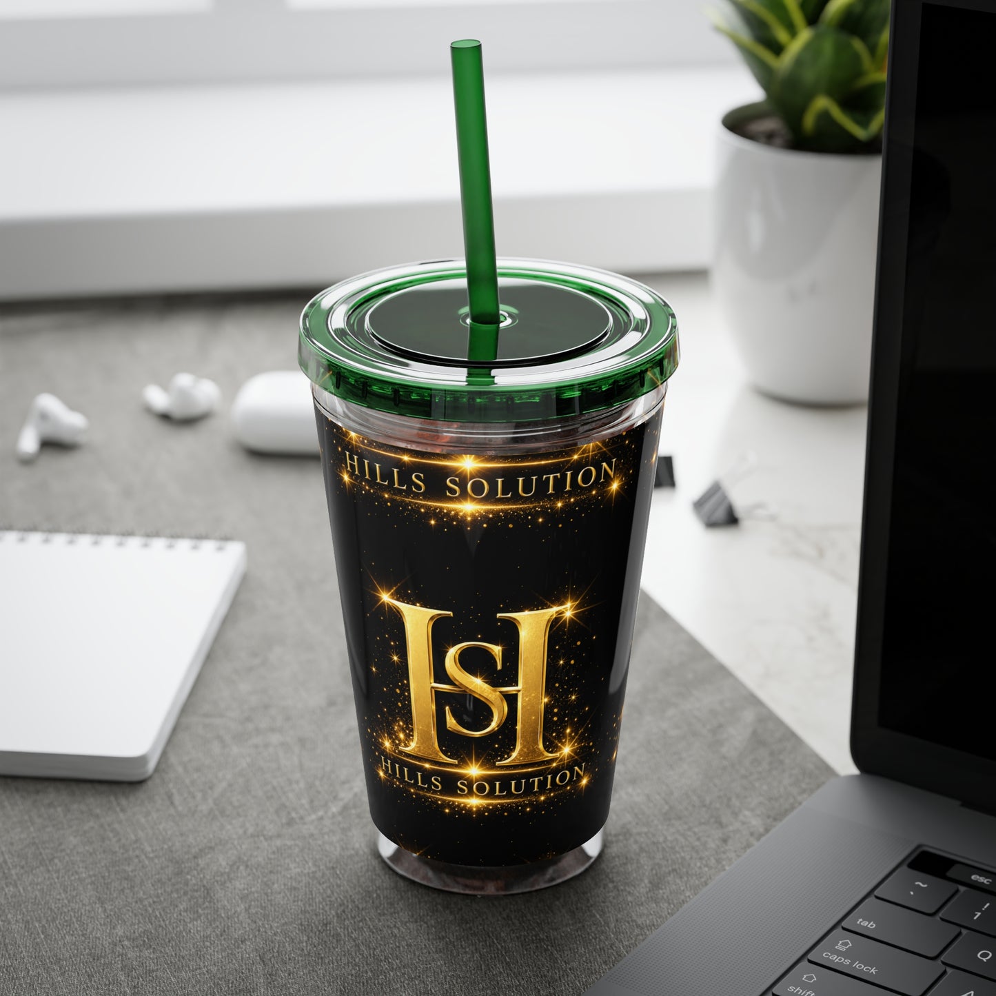 16oz Sunsplash Straw Tumbler — Gold 'HS' Logo Insulated Cup