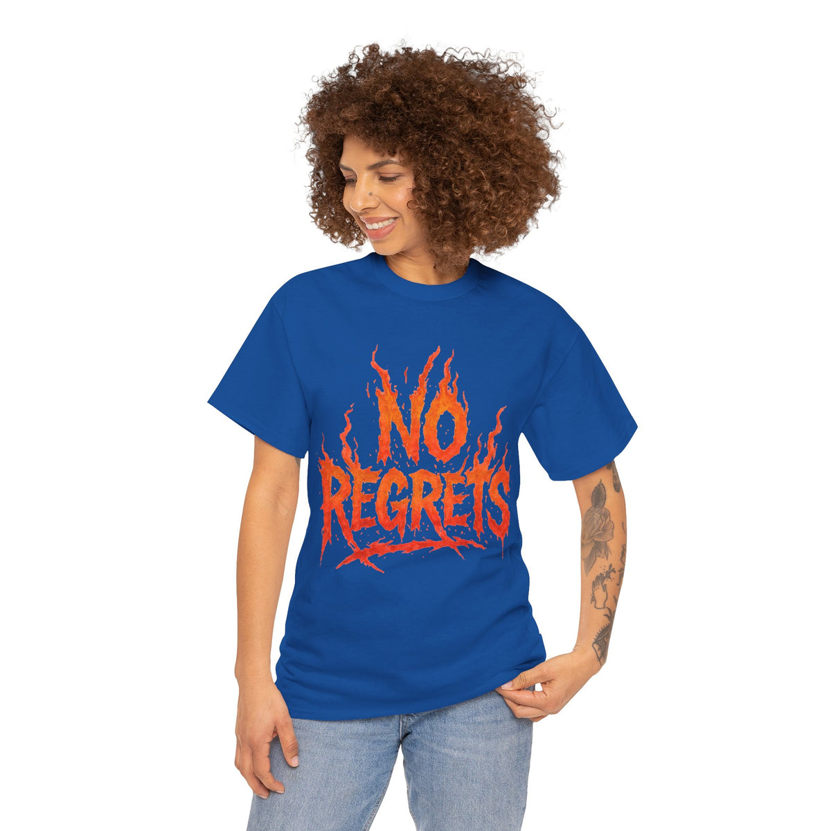 Graphic Tee — 'No Regrets' / 'Proof of Survival' Flame Text Shirt