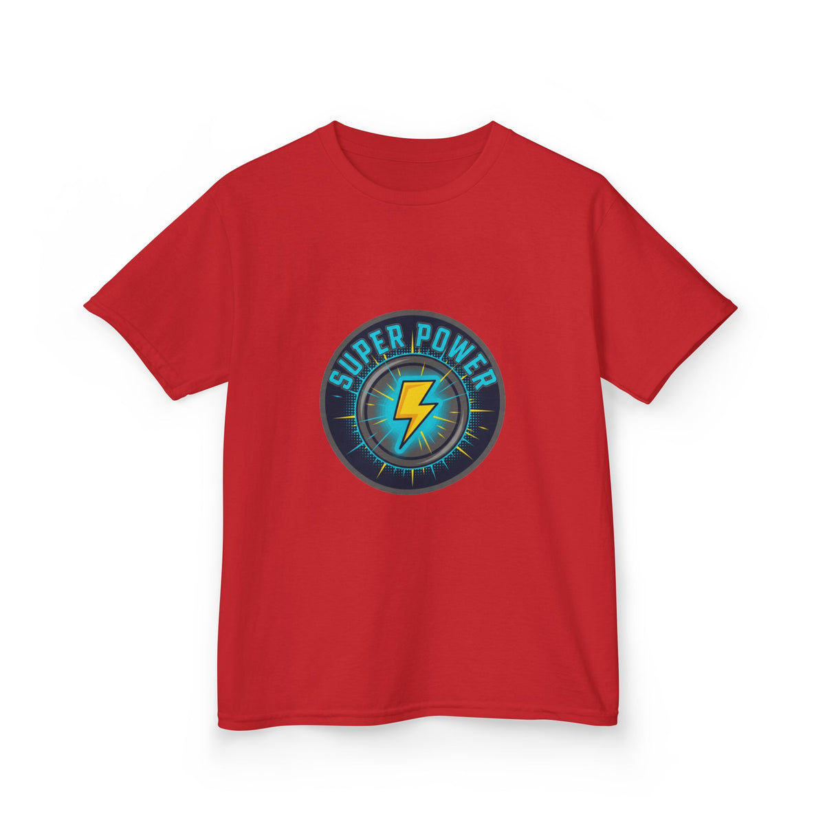 Kids Super Power T-Shirt — Lightning Bolt Badge & Running Superhero Graphic