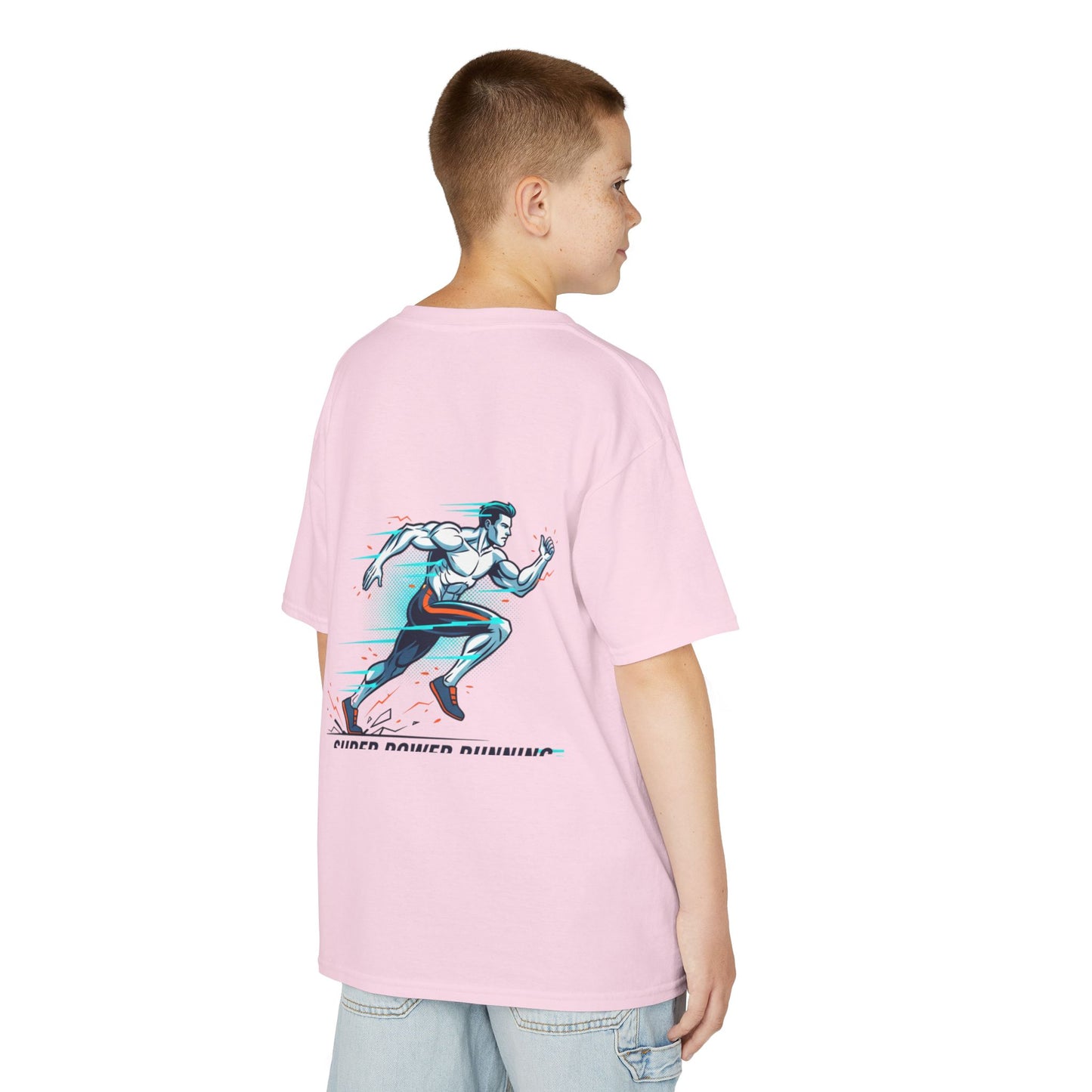 Kids Super Power T-Shirt — Lightning Bolt Badge & Running Superhero Graphic