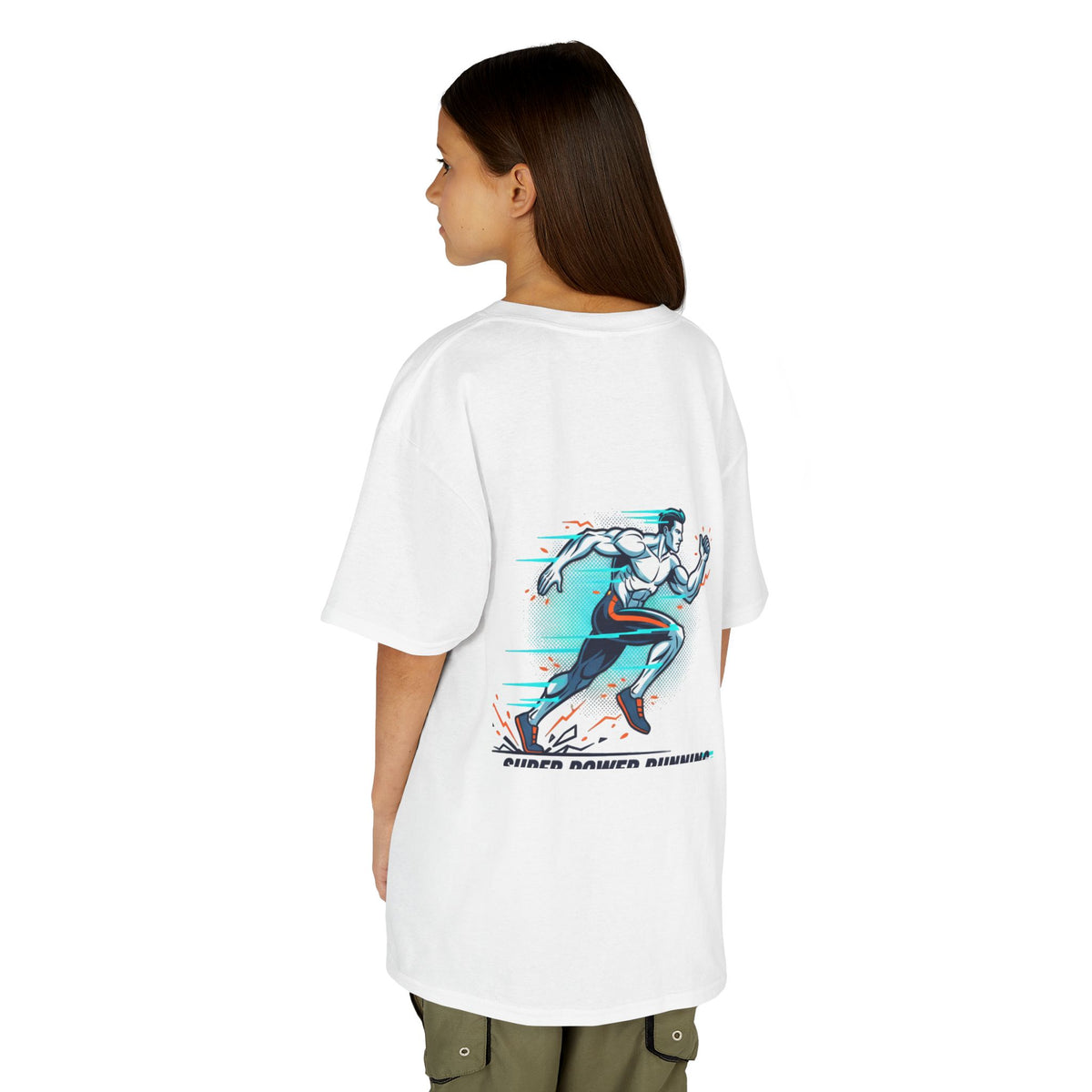 Kids Super Power T-Shirt — Lightning Bolt Badge & Running Superhero Graphic