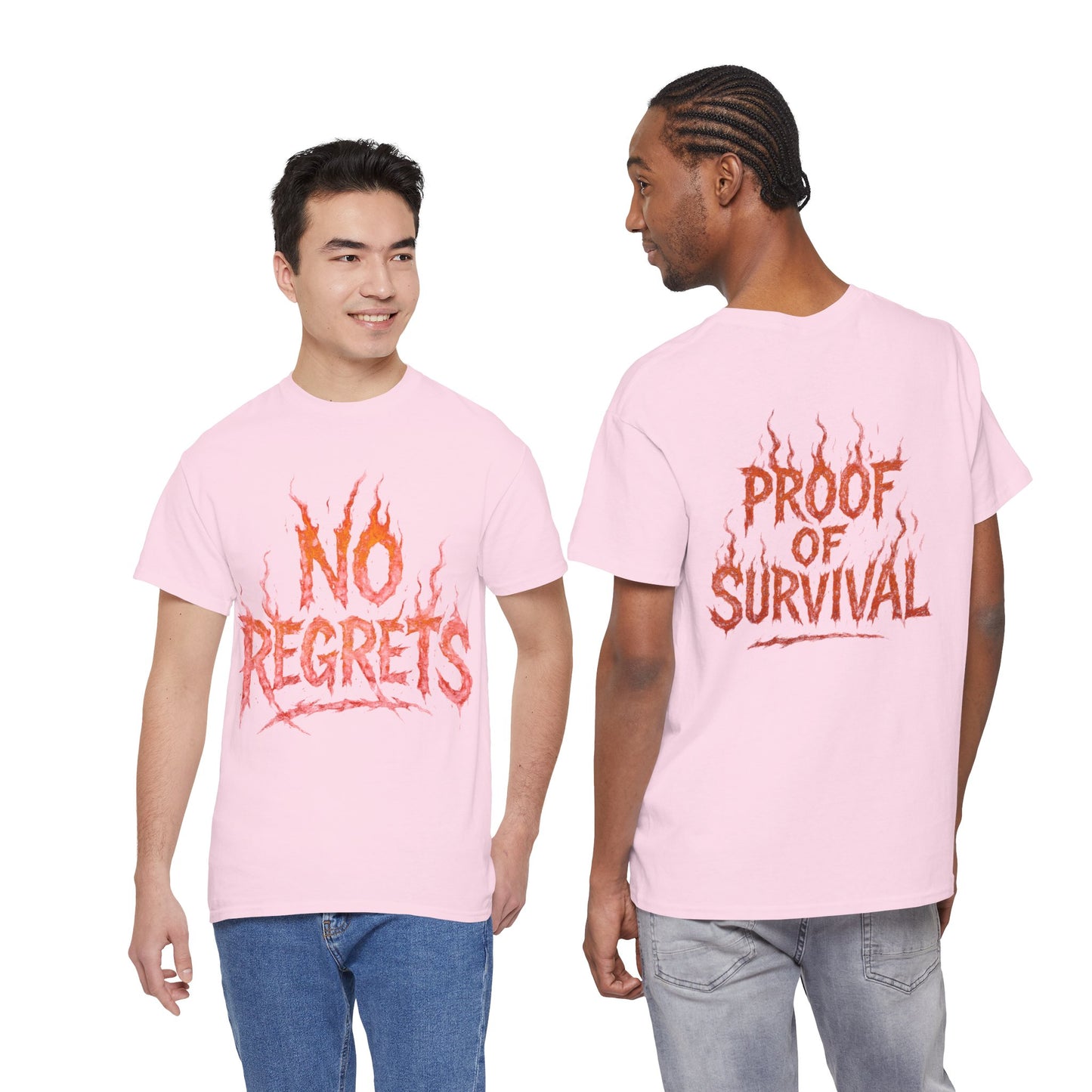 Graphic Tee — 'No Regrets' / 'Proof of Survival' Flame Text Shirt