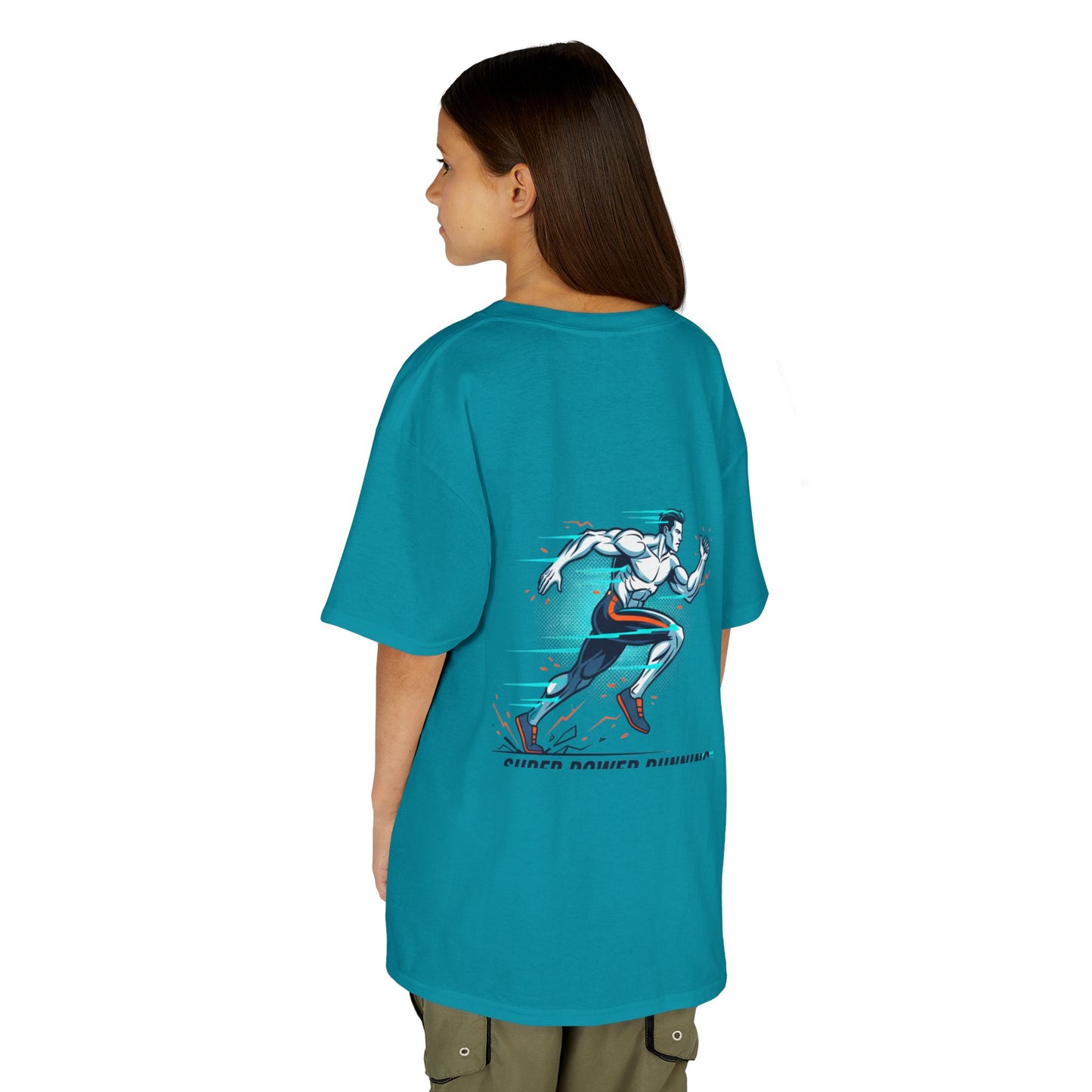 Kids Super Power T-Shirt — Lightning Bolt Badge & Running Superhero Graphic