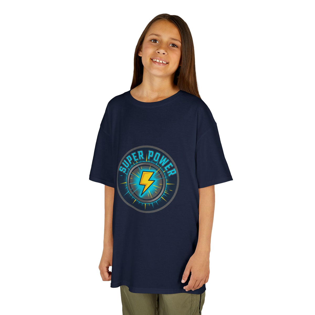 Kids Super Power T-Shirt — Lightning Bolt Badge & Running Superhero Graphic