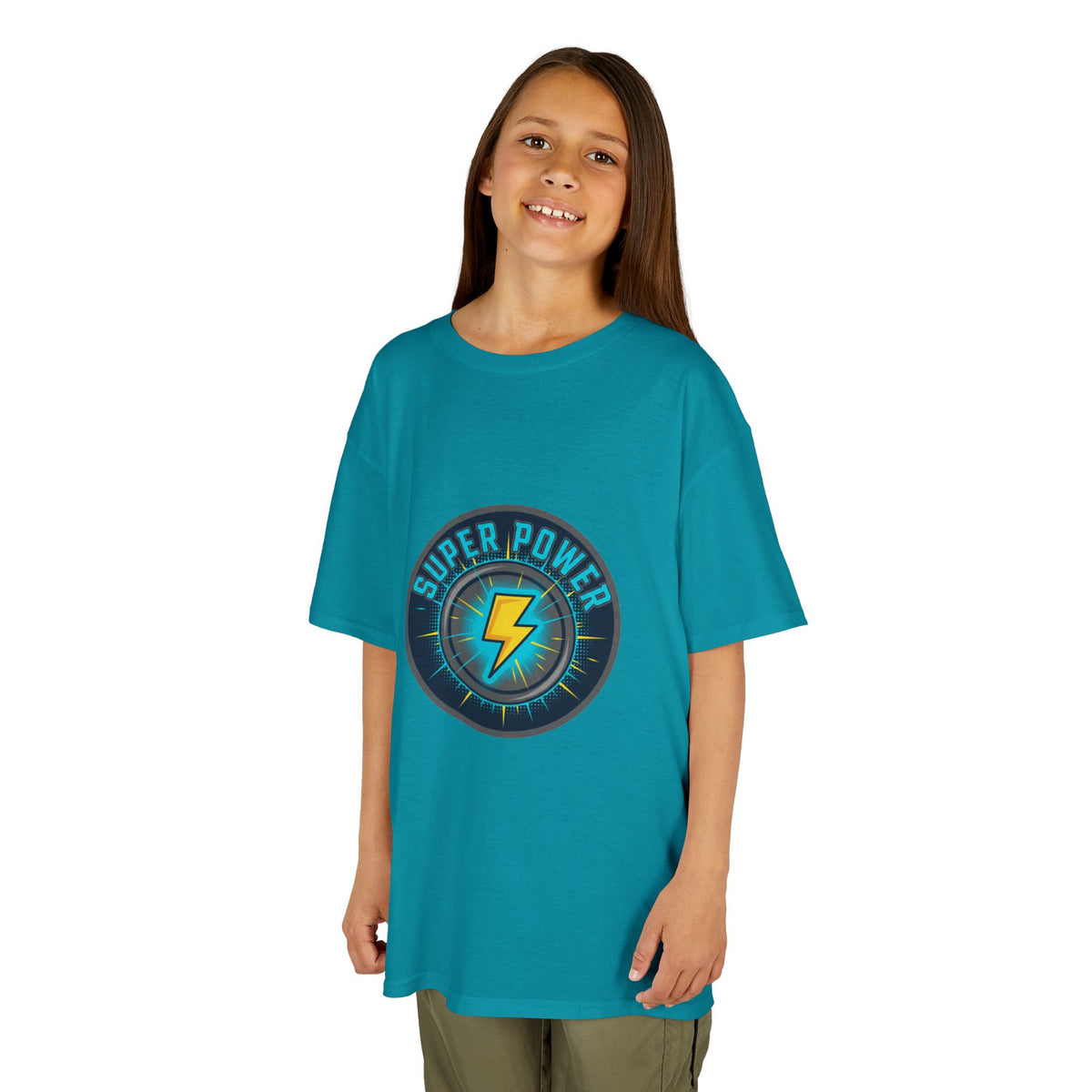Kids Super Power T-Shirt — Lightning Bolt Badge & Running Superhero Graphic