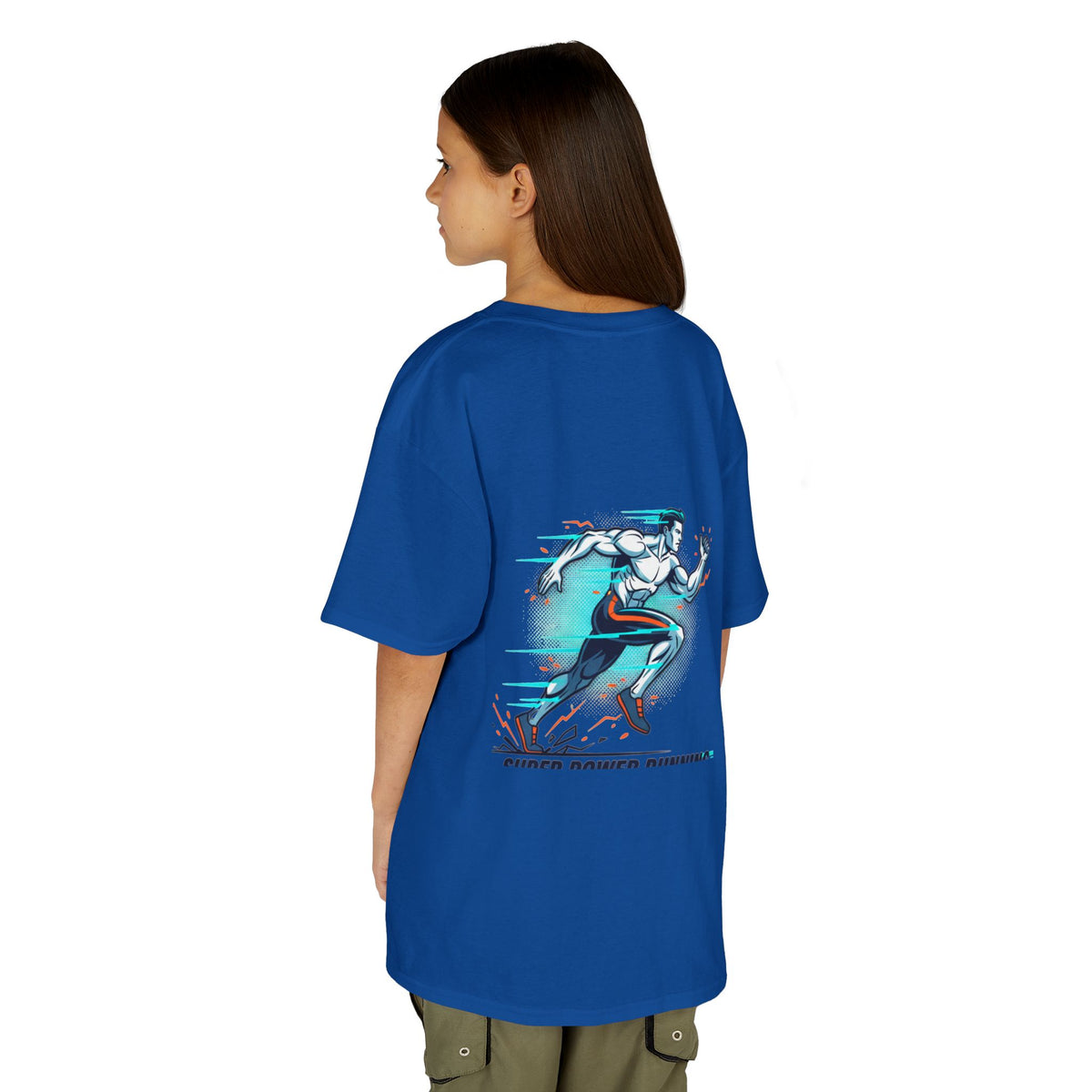Kids Super Power T-Shirt — Lightning Bolt Badge & Running Superhero Graphic