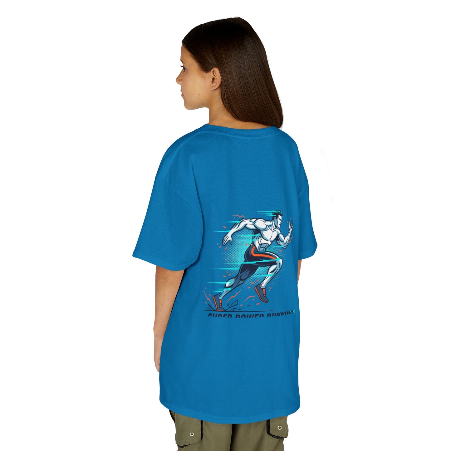 Kids Super Power T-Shirt — Lightning Bolt Badge & Running Superhero Graphic