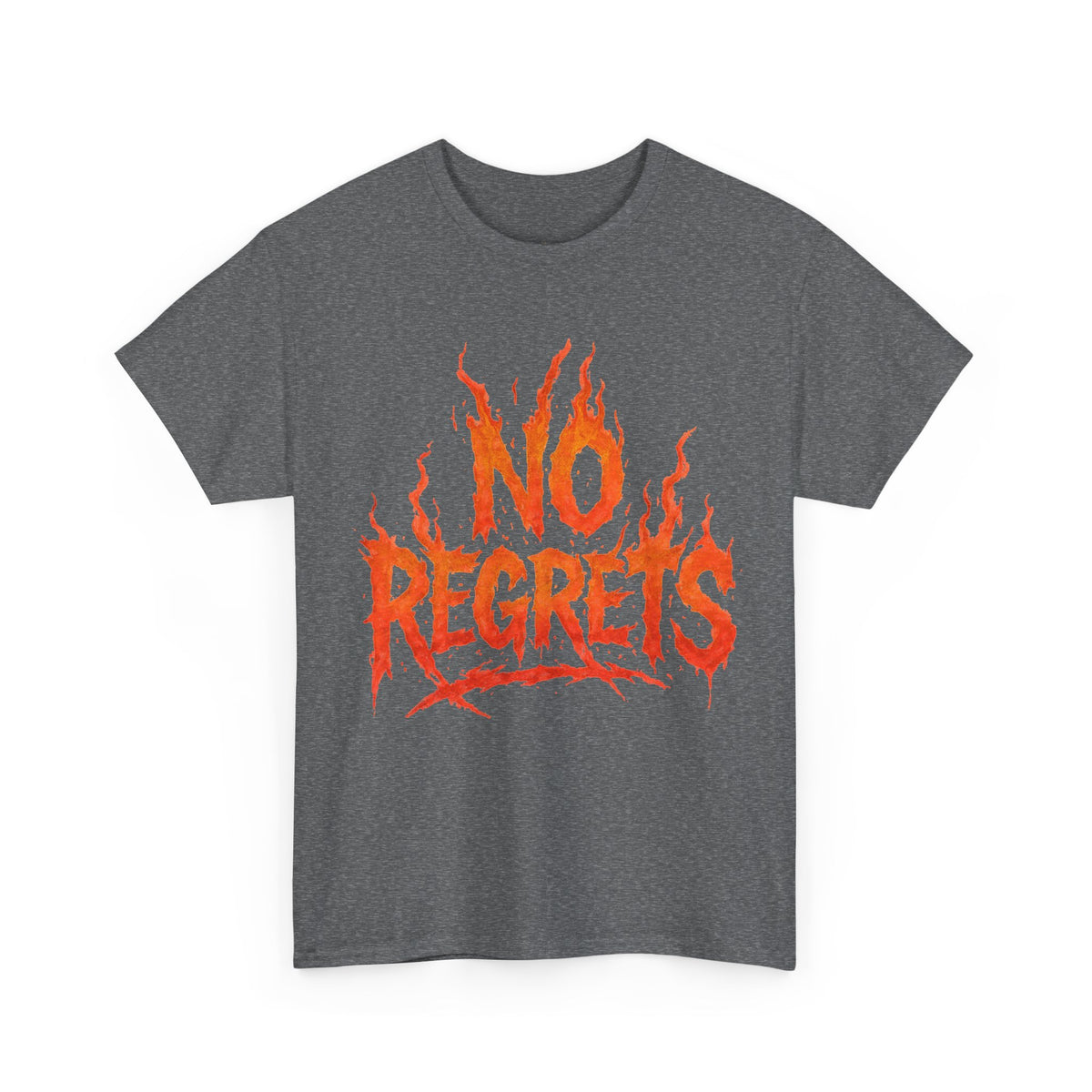 Graphic Tee — 'No Regrets' / 'Proof of Survival' Flame Text Shirt