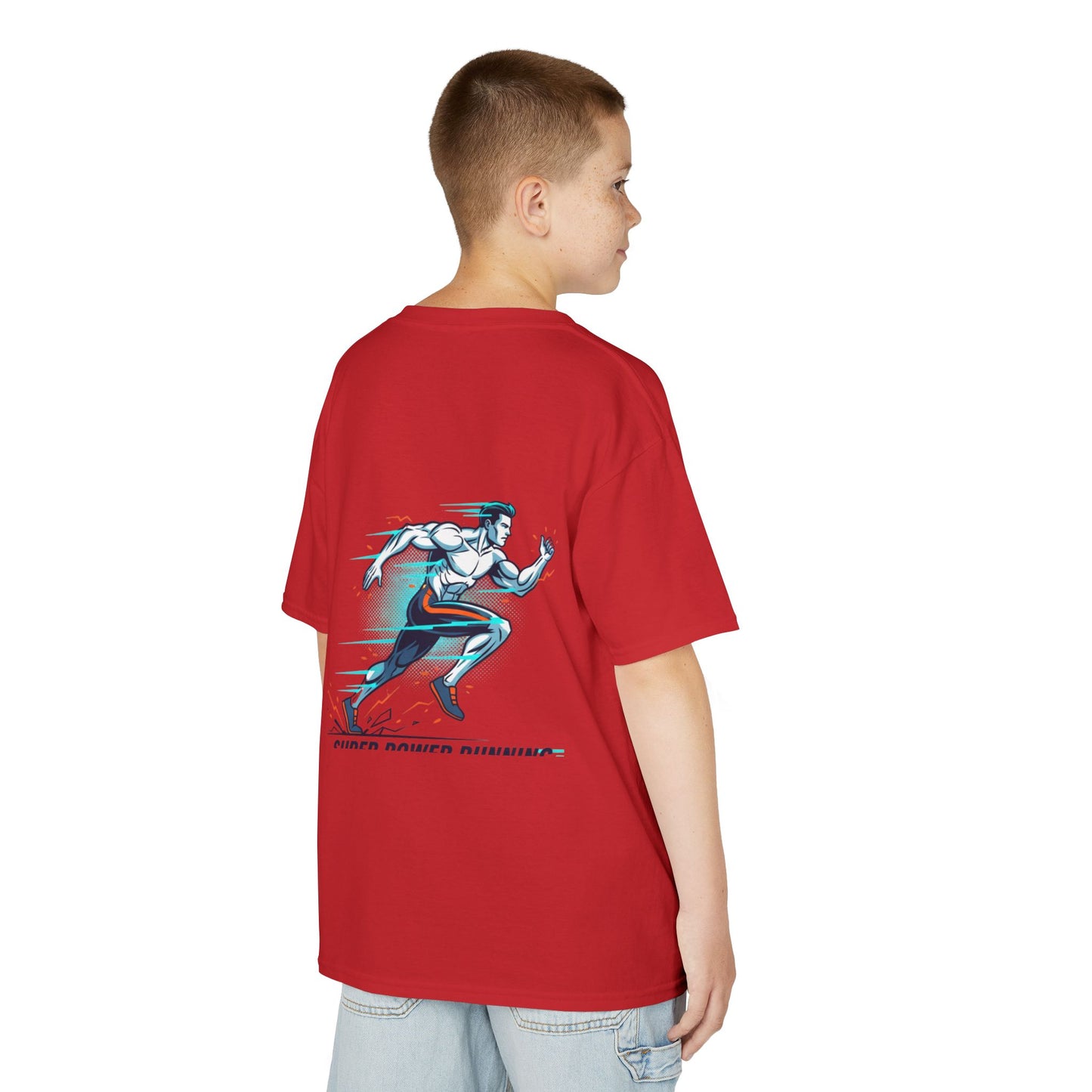 Kids Super Power T-Shirt — Lightning Bolt Badge & Running Superhero Graphic