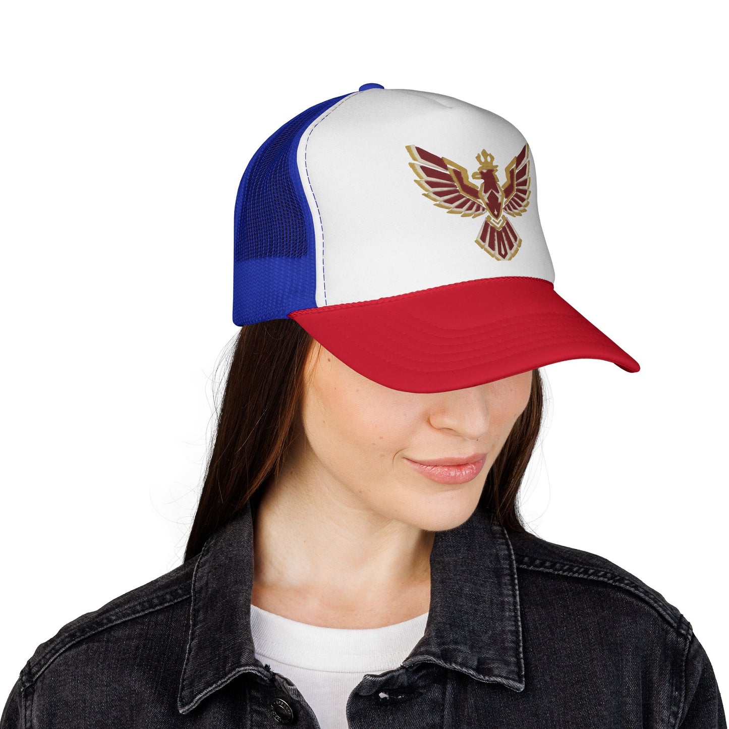 Phoenix Emblem Trucker Cap — Retro Red & Gold Bird Patch Hat