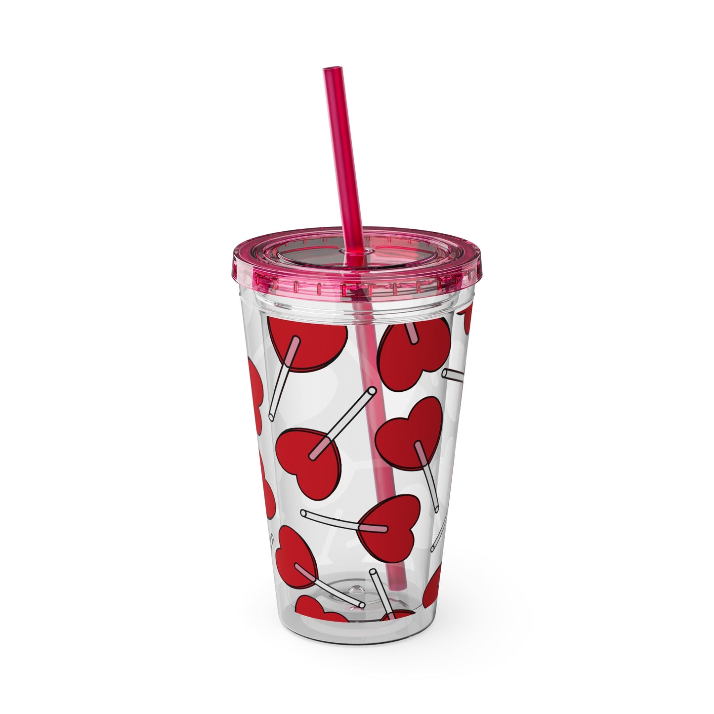 Heart Lollipop 16oz Tumbler with Straw — Valentine Candy Pattern Cold Cup