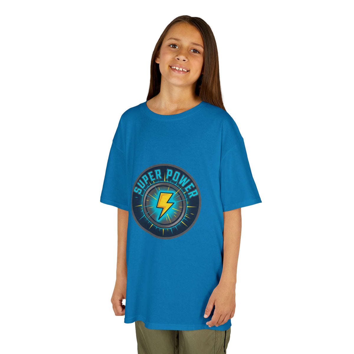 Kids Super Power T-Shirt — Lightning Bolt Badge & Running Superhero Graphic